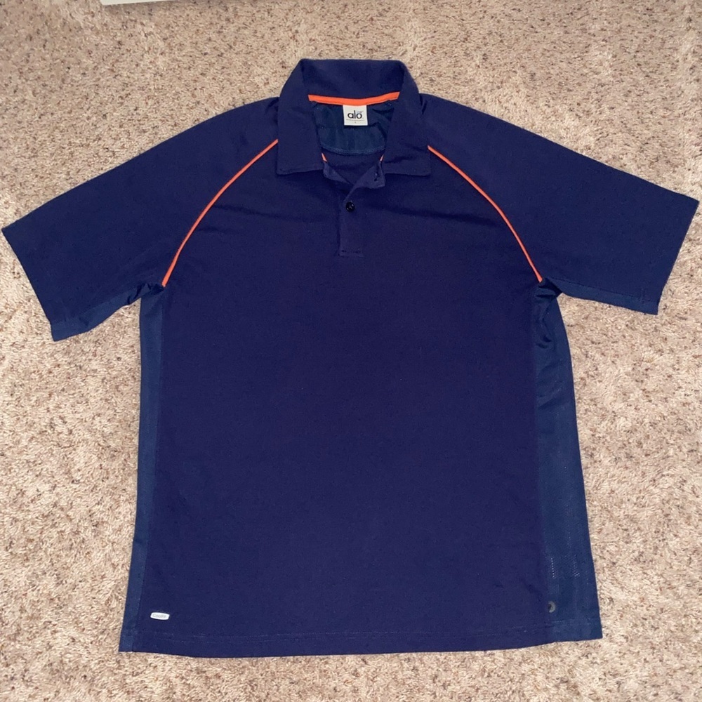 Alo Coolfit Polo, Men’s Size Large, Navy with Orange/Coral details.